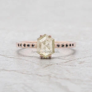 0.75 Ct Natural Hexagon Grey Color Diamond Ring 14K Rose Gold Engagement Ring - Picture 1 of 9