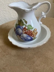 Vintage Small Ceramic Japanese Pitcher And Basin With Fruit Design - Picture 1 of 4