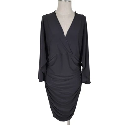 WHBM Bodycon Dress Size XL Black Ruching 3/4 Flutter Sleeves Jersey Knit New - Image 1 of 4