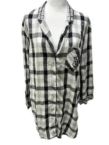 Victorias Secret Sleep Shirt Womens Size L Black Plaid Flannel Button Nightgown - Picture 1 of 13