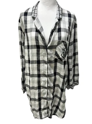 Victorias Secret Sleep Shirt Womens Size L Black Plaid Flannel Button Nightgown - Image 1 of 4