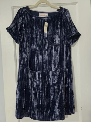 Anthropologie Floreat Blue Crushed Velvet Crinkled Patch Pocket Shift Dress Sm - Image 1 of 4