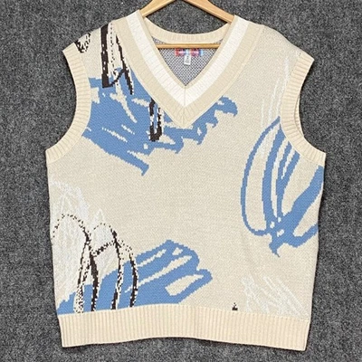 Urban Outfitters Hombres Medio Tejido Suéter Chaleco Abstracto Azul Marrón Crema Retro Foto 1 de 4