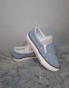 Simply Be Blue Floral Embroidered Slip-on Chunky Sole Trainers Wide Fit Size 4 - Picture 1 of 5