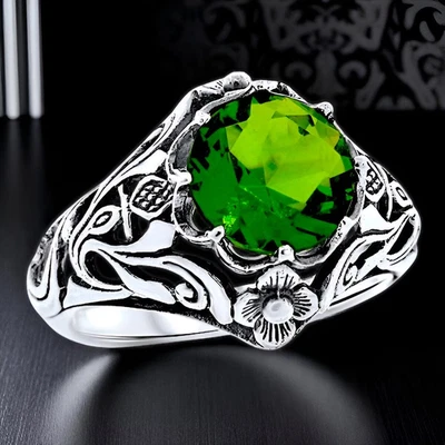 ART NOUVEAU STYLE SCOTTISH THISTLE 925 SOLID SILVER SIMULATED PERIDOT RING 1137X - Image 1 of 4