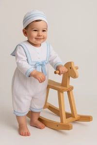 Baby Boys Christening Romper with Blue Accents - Baptism Outfit Set for Infants - Picture 1 of 3