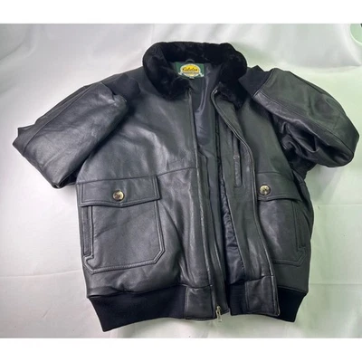 Vtg Cabela's XL Black Real Leather Bomber Jacket Faux Fur Collar Flight Coat - Image 1 of 4