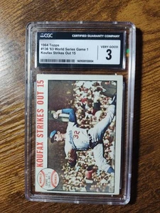 1964 Topps World Series Game 1 #136 Sandy Koufax Strikes Out 15 CGC 3 - Picture 1 of 2