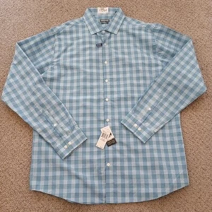 Kenneth Cole Reaction Shirt Mens 17.5 Slim Blue Plaid Long Sleeve Button Up New - Picture 1 of 12