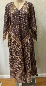 VINTAGE 70s INDIAN Silk Block Print BOHO Hippie GODDESS Maxi Dress CAFTAN OS - Picture 1 of 8
