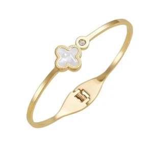 Woman 18k Gold Plated Stainless Steel gold Polish White Clo Bangle+FREE GIFT BOX - Picture 1 of 4