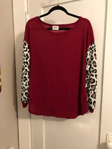BiBi Women’s Waffle Texture Top,Long Sheer Leopard Print Ballon Sleeves,Wine, Sm - Picture 1 of 1