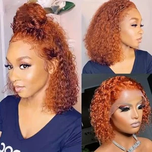 Ginger Orange Color Short Curly Wavy 13x4x1 Lace Frontal Bob Wigs Human Hair Wig - Picture 1 of 15