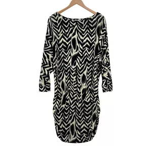 Boston Proper Sweater Dress Womens Medium Cream Black Geo Print Knit Pullover - Picture 1 of 14