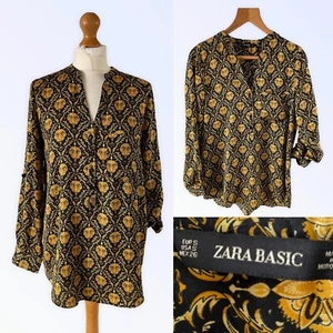 Zara Blouse Tunic Top Sz S Black Golden Yellow Geometric Roll Tab Sleeve Relaxed - Picture 1 of 12