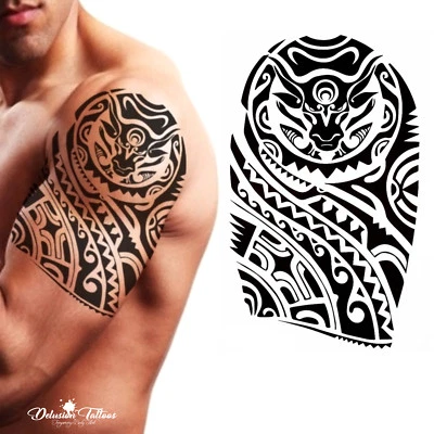 DELUSION TATTOOS Tribal Temporary Tattoo - Polynesian Bull Maori Shoulder Arm Black Mens Womens