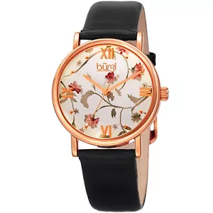 Damenuhr Burgi BUR186BK Null Blumenmuster goldfarben schwarz Lederarmband - Bild 1 von 6