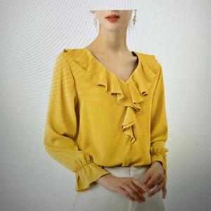 Allegra K Womens S Ruffled V Neck Work Elegant Chiffon Long Sleeve Casual Top Mu - Picture 1 of 10