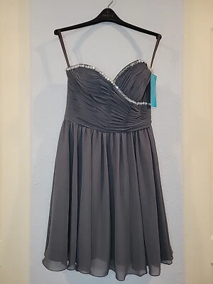 Vestido Mori Lee Gris Gasa Talla 12 Nuevo con Etiquetas Regreso a Casa Nupcial Formal Sin Tirantes Mini Foto 1 de 4