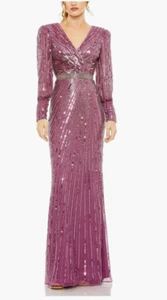 MAC DUGGALPurple Sequined Wrap Over Bishop Sleeve Gown Size 16 MSRP $598 - Picture 1 of 12