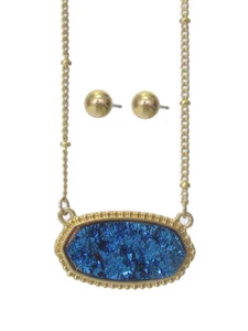 Blue Druzy Pendant Necklace Earring Set Gold Colored Round Ball Stud Earrings - Bild 1 von 1