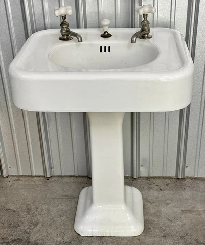 Antique Cast Iron & Porcelain Pedestal Sink 1930s Vintage Art Deco Gatsby Vanity Cover