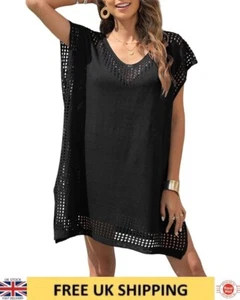 Womens Beach Cover All Black Knit Sarong Kaftan Swimwear Dress Swimsuit T Shirt - Picture 1 of 8
