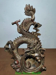 12" Old Chinese Dynasty Bronze Gilt Feng Shui Dragon God Beast Animal Statue - Picture 1 of 9