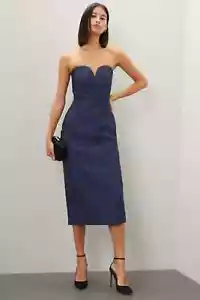 ML Monique Lhuillier Cora Jacquard Midi Dress Size 6 Blue Black Sweetheart $610 - Picture 1 of 22