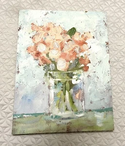 18" x 14" Blumen im Glas, gemalt auf gespannter Leinwand -- blau + orange + grün - Bild 1 von 7