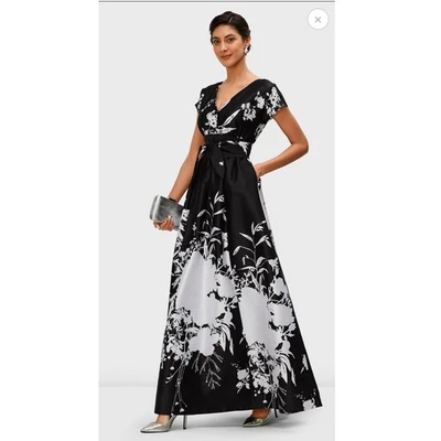Eshakti Black White Floral Print Cap Sleeve Maxi Dress Gown Womens Size XL - Image 1 of 4