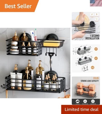 Black Shower Caddy for Easy Access – 2 Tier Shelves with Hooks & Suction Power - Image 1 of 4
