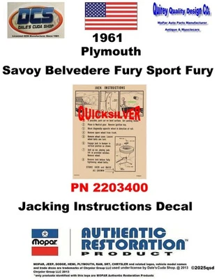 Plymouth Savoy Belvedere Fury 1961 instrucciones de elevación 2203400 nuevo MoPar EE. UU. Foto 1 de 3