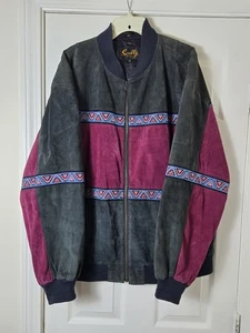 Scully Aztec Suede Jacket Mens 2XL Black Burgundy Southwest Western Bomber - Picture 1 of 3