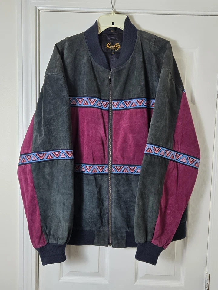 Scully Aztec Suede Jacket Mens 2XL Black Burgundy Southwest Western Bomber - Image 1 of 3