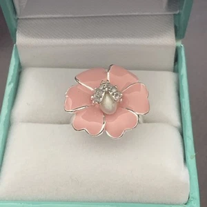 Stella & Dot Pink & Gold Tone Enamel Flower Crystal Bee Ring Adj. Fits Sz 5-9 - Picture 1 of 4
