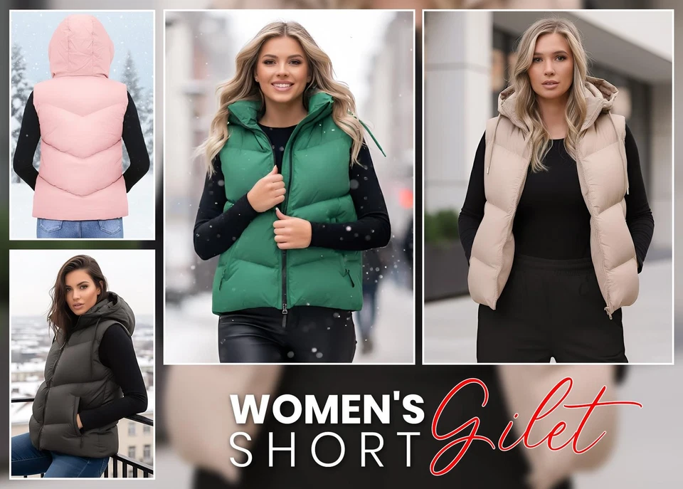 Women Italian Short Gillet Sleeveless Puffer Hooded Lightweight Zip Up Jacket  - Image 1 of 2