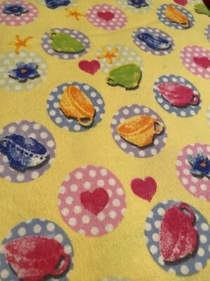 1.5+ Yds NEW Soft Cotton Flannel Fabric Yellow Teacups Hearts - Image 1 of 4