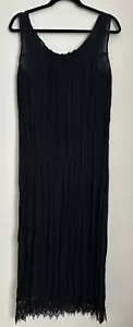 Vintage Sheer Black Crinkle Pleat Lace Trim Sleeveless Maxi Dress - Picture 1 of 6