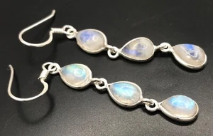 rainbow moonstone drop earrings Solid Sterling Silver, pear, Multistone. Box #1 - Picture 1 of 13