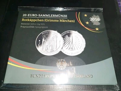 BRD 20 Euro Sammlermünze 2016 Grimms Märchen Rotkäppchen Spiegelglanz PP Silber - Bild 1 von 2