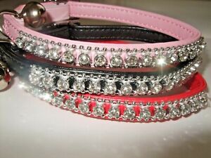 Cat Collar Diamante stones safety elastic  bell Bling  pu faux leather  kitten
