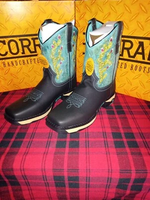 CORRAL Ladies Black Hydro Resist Turq Top Cactus Work Farm Ranch SQT Boots W5004