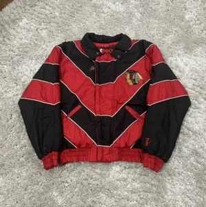 Vintage Chicago Blackhawks Black And Red Striped Pro Player Puffer Jacket - Picture 1 of 12