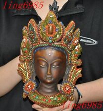 Tibet Buddhism painted inlay gem Dzi Beads Tara Kwan-Yin GuanYin Buddha statue