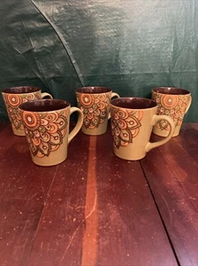 Vintage Pfau Kaffeetassen 5 im Set Gibson Studio grün braun orange Blumen - Bild 1 von 24