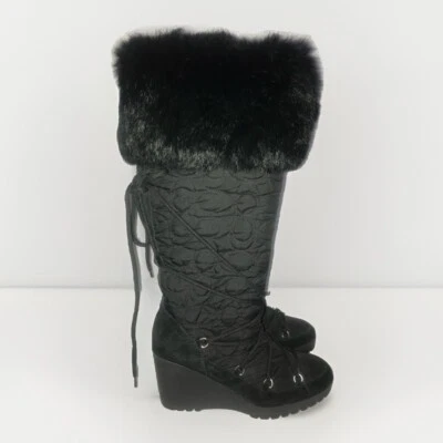 Botas de piel de conejo con cordones de tacón alto de cuña COACH Sofie - EE. UU. 8, negras, hechas en Italia Foto 1 de 4