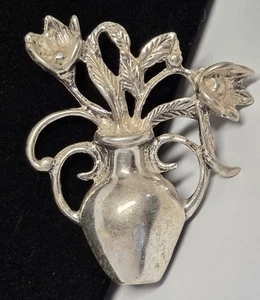 Broche florero vintage de plata esterlina con flores 925 prendedor hoja de urna figurativa 2,25" - Imagen 1 de 19