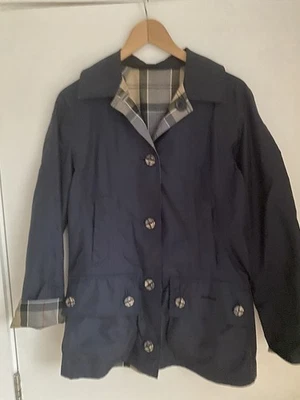 Barbour Navy Blue Tartan Beadnell Mac Reversible Light Raincoat Size 8 Ex Cond - Image 1 of 4