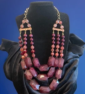 Signed NY & Co Burgundy & Rose Gold Tone Cascade Geo Bead Multi Strand Necklace - Picture 1 of 4